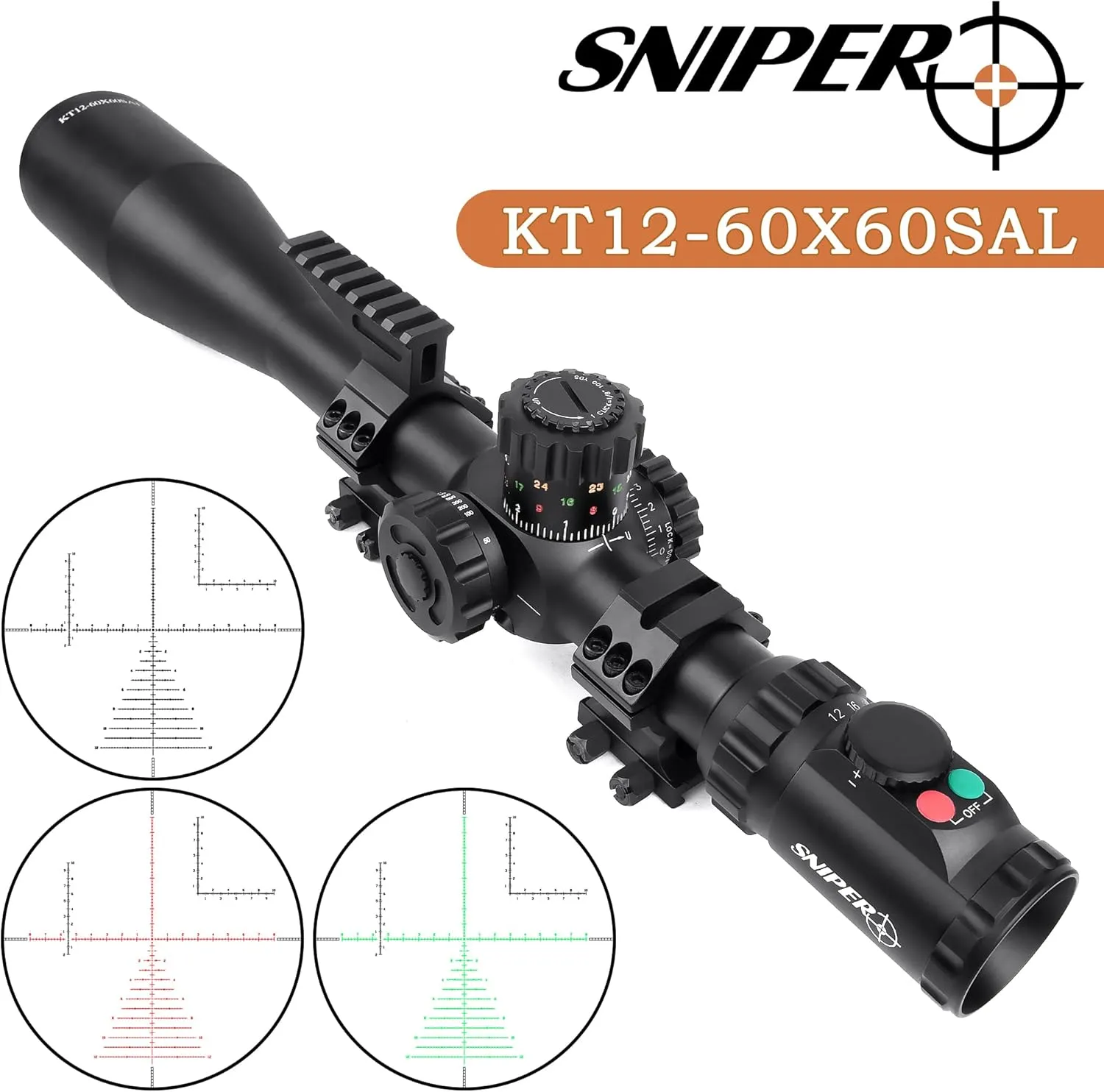 KT12-60X60SAL Long Range Rifle Scope 35mm Tube Side Parallax Adjustment with Scope Rings