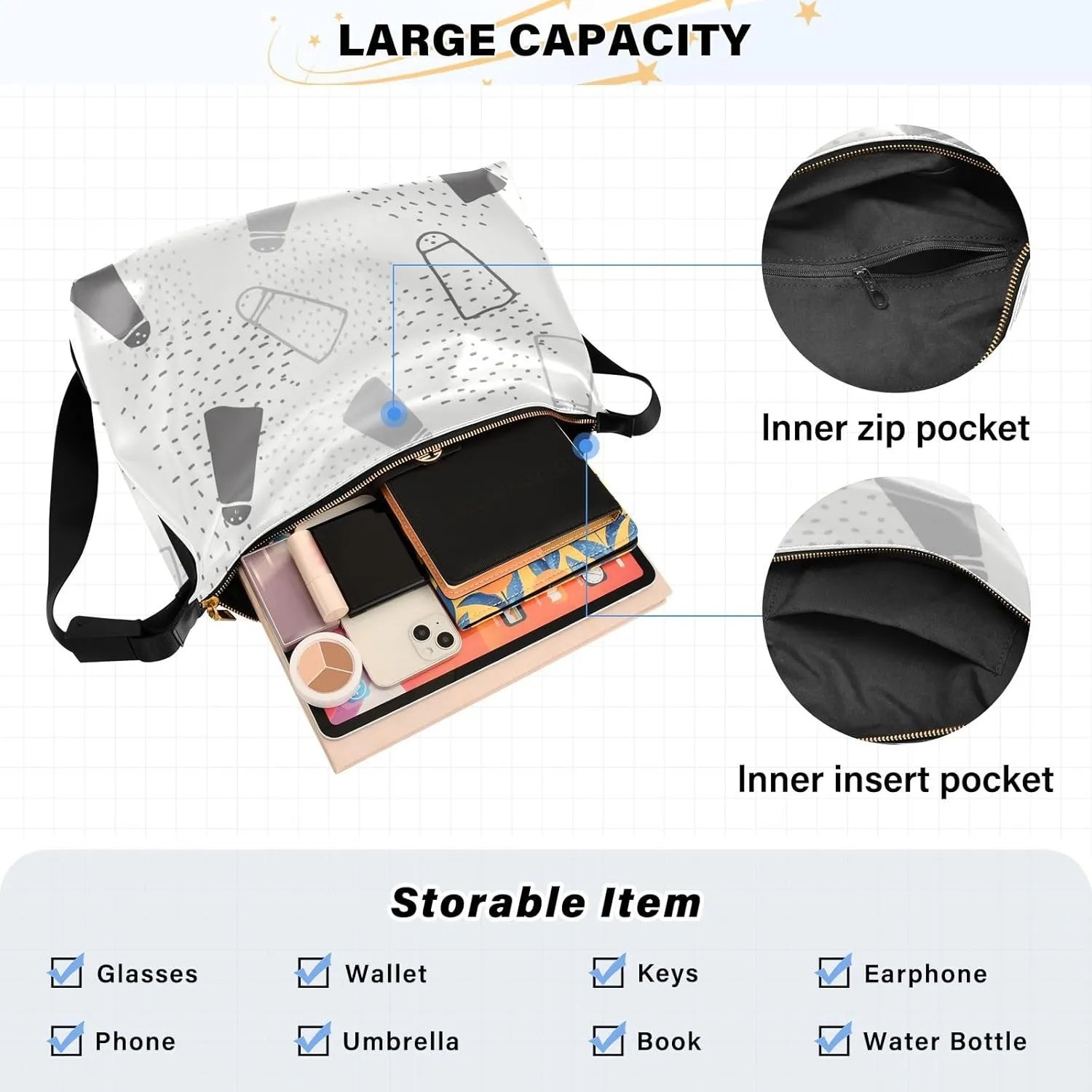 Lady's Leather Handbag with Zipper Adjustable Strap Shoulder Soft Hobo Crossboby Bag Pattern 1