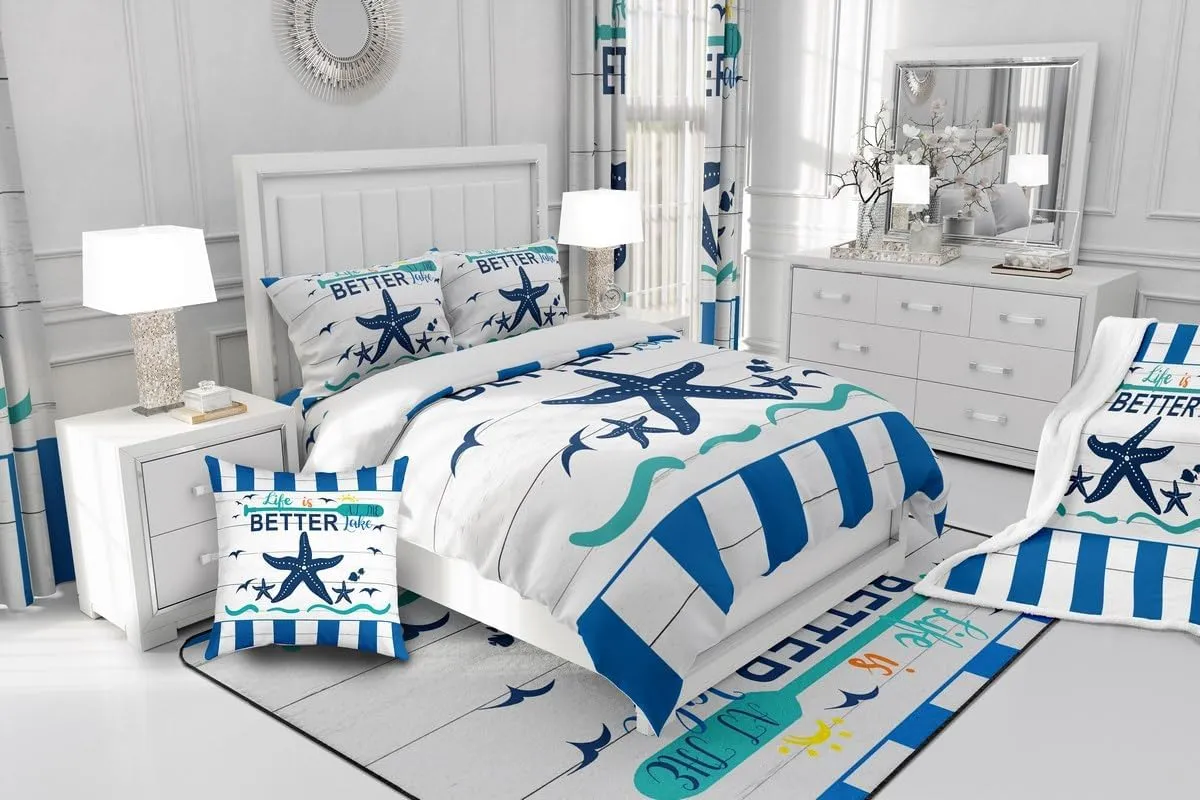 Lake House Comforter Set for Kids Boys Girls,Nautical Paddle Bedding,Farmhouse Coastal Starfish Seagull Bedding Comforter Sets,Blue White Striped Geometric Duvet Insert with 2 Pillowcases Warm,Full