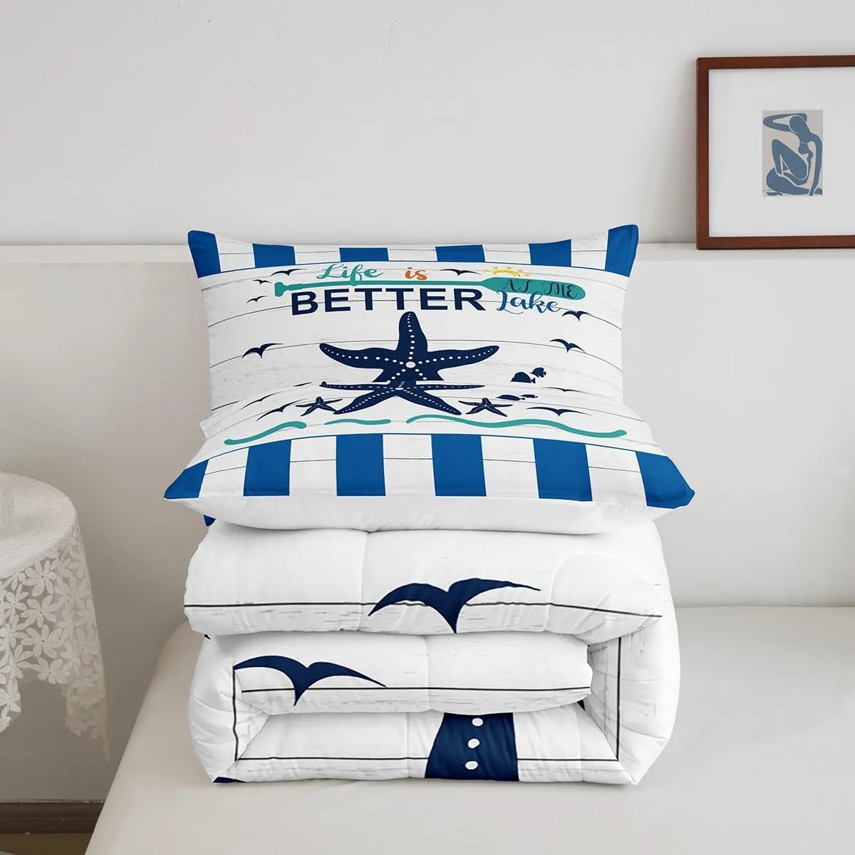 Lake House Comforter Set for Kids Boys Girls,Nautical Paddle Bedding,Farmhouse Coastal Starfish Seagull Bedding Comforter Sets,Blue White Striped Geometric Duvet Insert with 2 Pillowcases Warm,Full