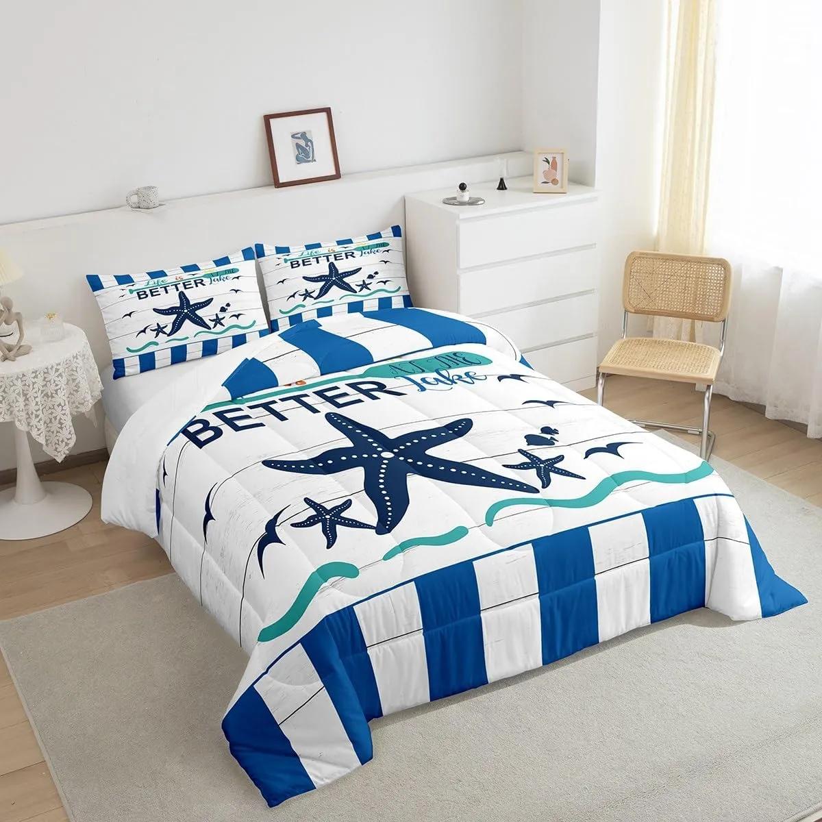 Lake House Comforter Set for Kids Boys Girls,Nautical Paddle Bedding,Farmhouse Coastal Starfish Seagull Bedding Comforter Sets,Blue White Striped Geometric Duvet Insert with 2 Pillowcases Warm,Full