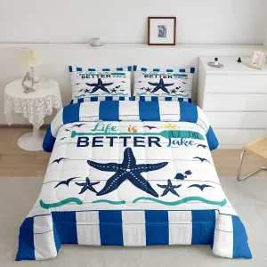 Lake House Comforter Set for Kids Boys Girls,Nautical Paddle Bedding,Farmhouse Coastal Starfish Seagull Bedding Comforter Sets,Blue White Striped Geometric Duvet Insert with 2 Pillowcases Warm,Full