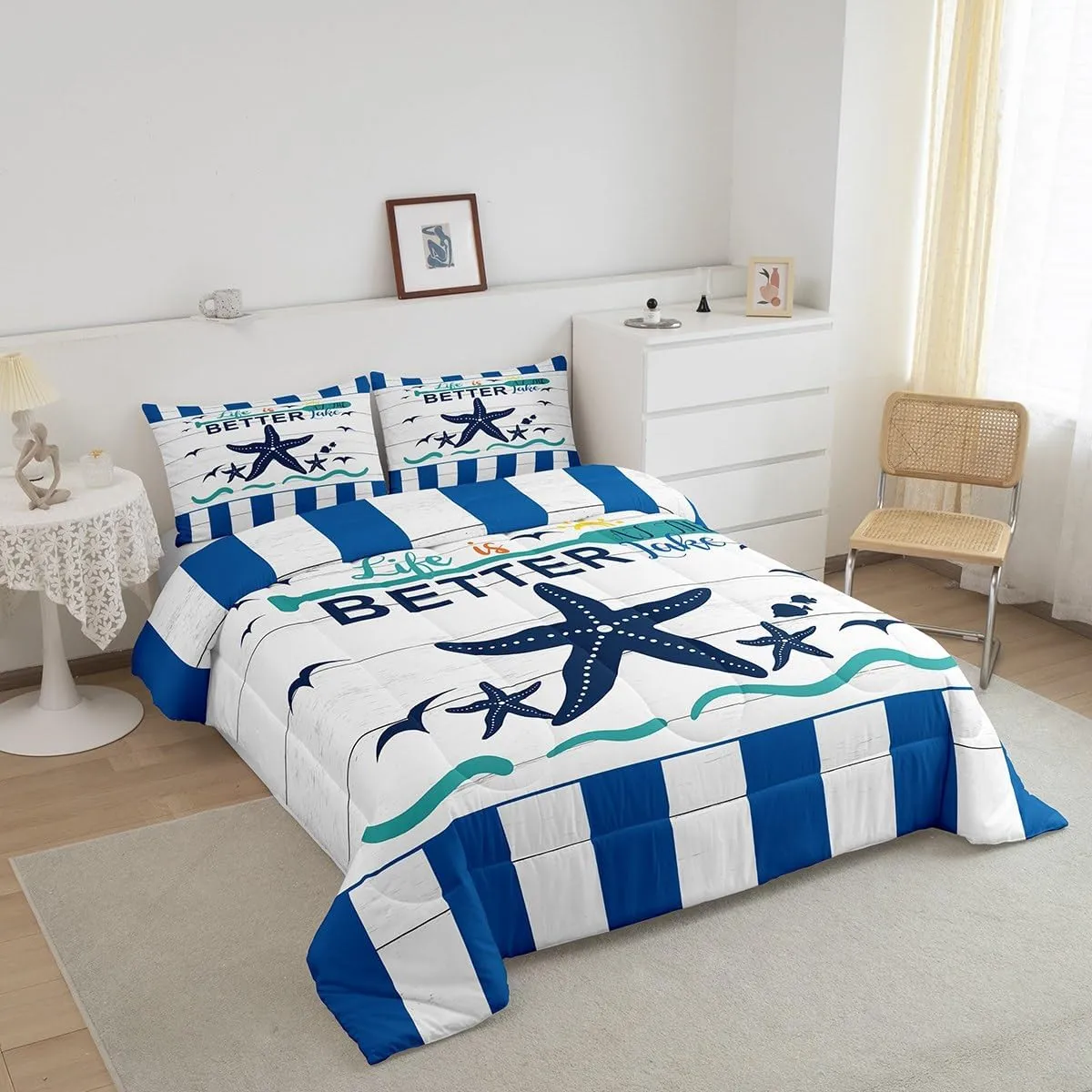 Lake House Comforter Set for Kids Boys Girls,Nautical Paddle Bedding,Farmhouse Coastal Starfish Seagull Bedding Comforter Sets,Blue White Striped Geometric Duvet Insert with 2 Pillowcases Warm,Full