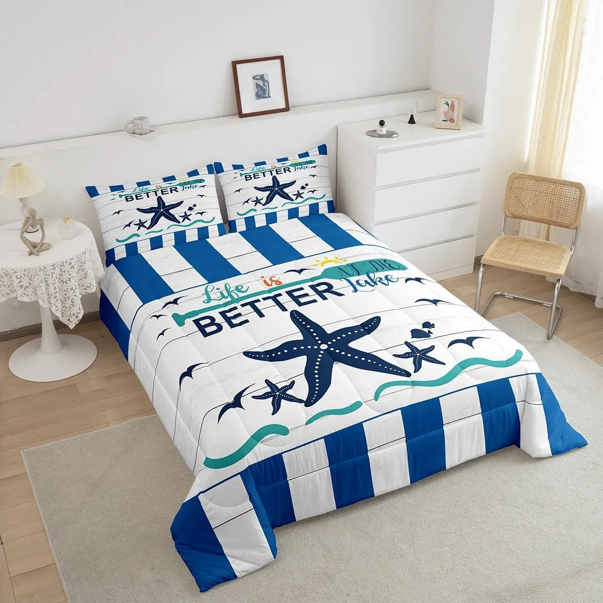 Lake House Comforter Set for Kids Boys Girls,Nautical Paddle Bedding,Farmhouse Coastal Starfish Seagull Bedding Comforter Sets,Blue White Striped Geometric Duvet Insert with 2 Pillowcases Warm,Full