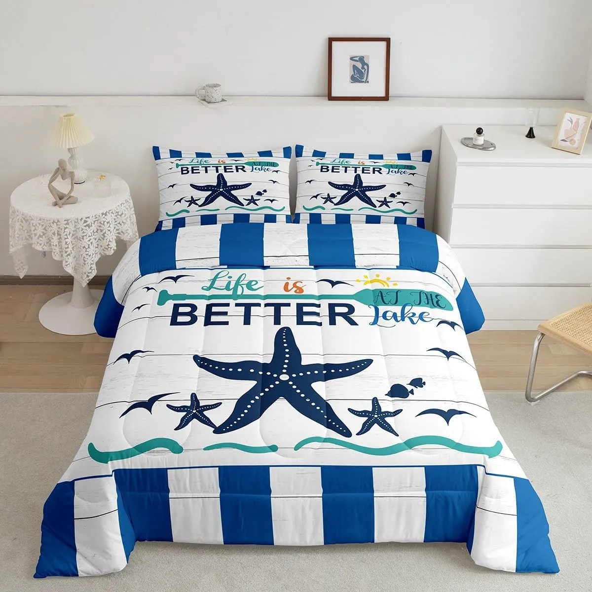 Lake House Comforter Set for Kids Boys Girls,Nautical Paddle Bedding,Farmhouse Coastal Starfish Seagull Bedding Comforter Sets,Blue White Striped Geometric Duvet Insert with 2 Pillowcases Warm,Full
