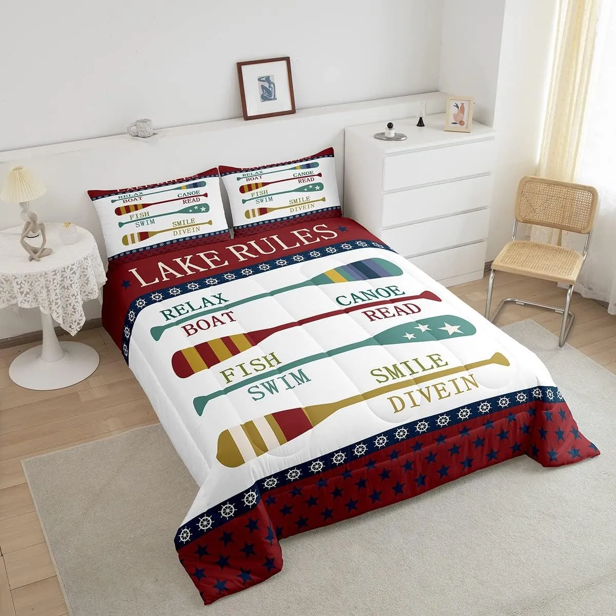 Lake House Decor Bedding Set For Home Queen,Rustic Cabin Mountain Woodland Comforter Set For Country Lodge Lake Paddle Fishing Bedding Comforter Sets Farmhouse Wooden Board Quilt Set 2 Pillow Cases