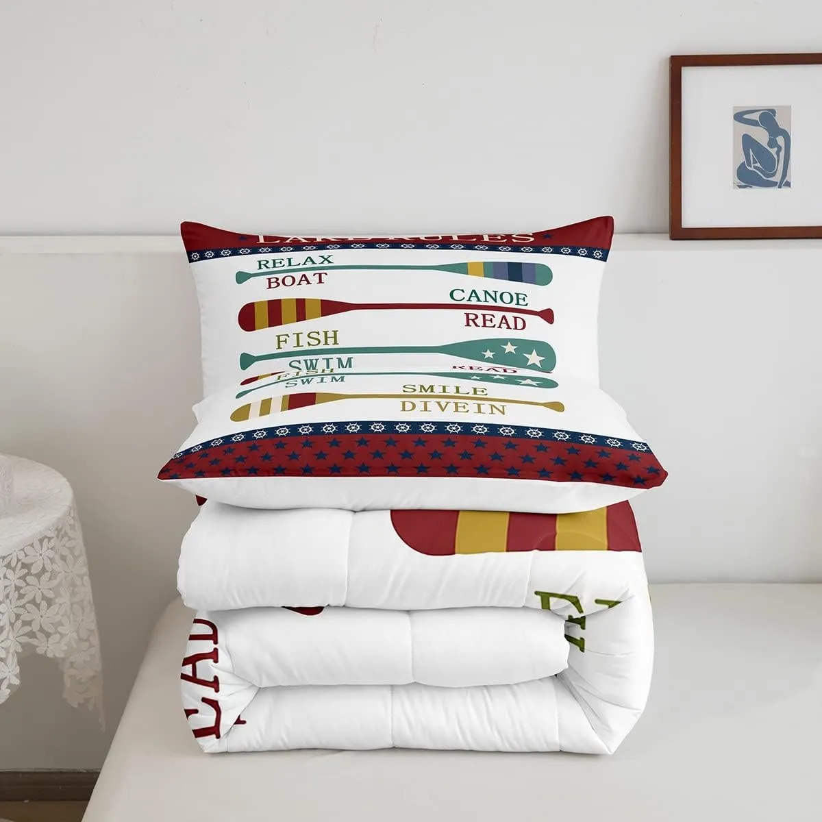 Lake House Decor Bedding Set For Home Queen,Rustic Cabin Mountain Woodland Comforter Set For Country Lodge Lake Paddle Fishing Bedding Comforter Sets Farmhouse Wooden Board Quilt Set 2 Pillow Cases