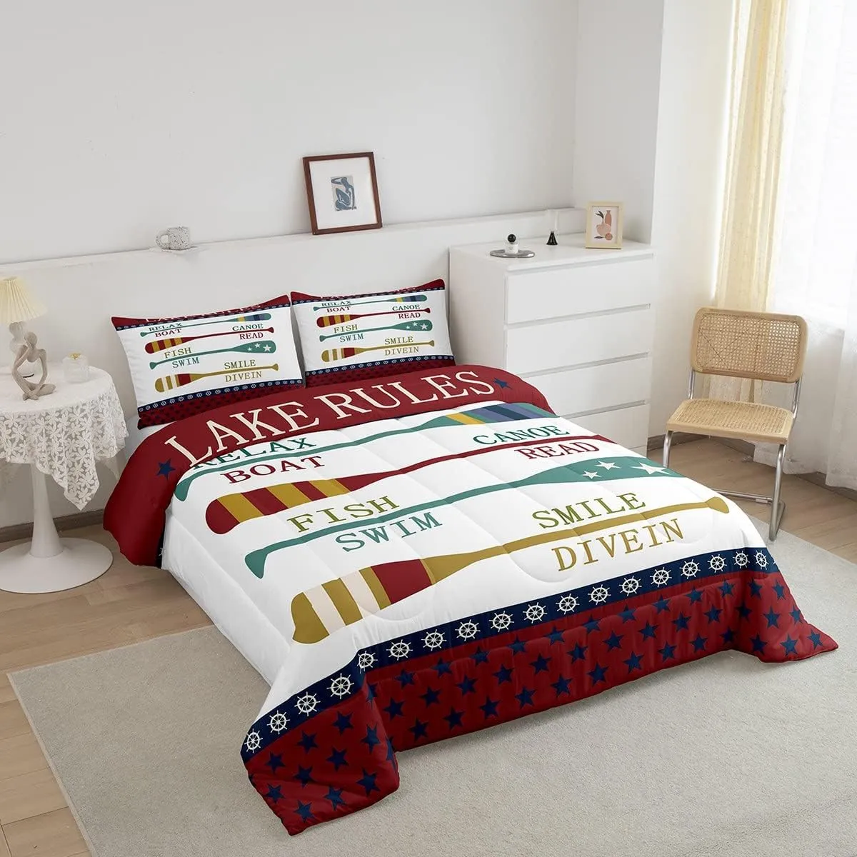 Lake House Decor Bedding Set For Home Queen,Rustic Cabin Mountain Woodland Comforter Set For Country Lodge Lake Paddle Fishing Bedding Comforter Sets Farmhouse Wooden Board Quilt Set 2 Pillow Cases