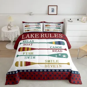 Lake House Decor Bedding Set For Home Queen,Rustic Cabin Mountain Woodland Comforter Set For Country Lodge Lake Paddle Fishing Bedding Comforter Sets Farmhouse Wooden Board Quilt Set 2 Pillow Cases