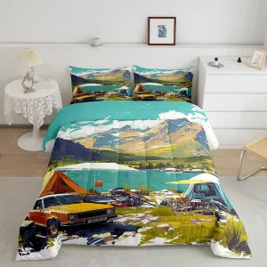 Lakeside Camping Comforter Set,Nature Mount Lake Scene Tourism Bedding Set Kids Teens Modern Decor,Watercolor Trailer Camp Tent Graffiti Comforter with 1 Pillowcase for All Seasons,Twin