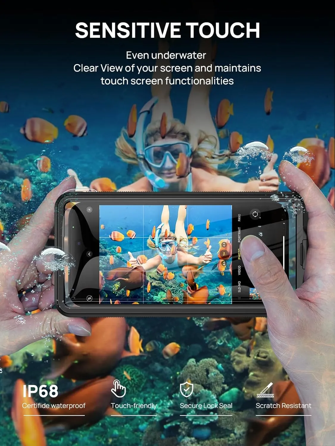 Lanhiem Snorkeling Underwater Phone Case for Diving, IP68 Professional Universal Waterproof Outdoor Video Photo Cellphone Case with Lanyard for iPhone 16 Galaxy Pixel Moto All Series (Clear/Black)
