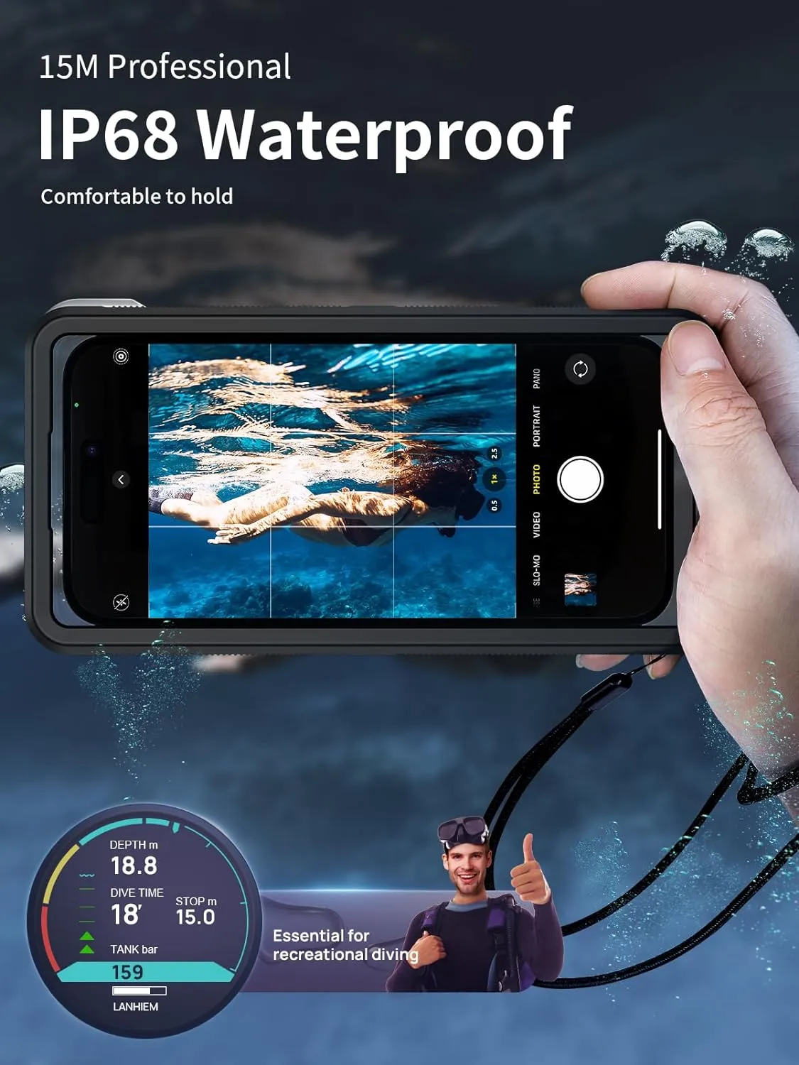 Lanhiem Snorkeling Underwater Phone Case for Diving, IP68 Professional Universal Waterproof Outdoor Video Photo Cellphone Case with Lanyard for iPhone 16 Galaxy Pixel Moto All Series (Clear/Black)