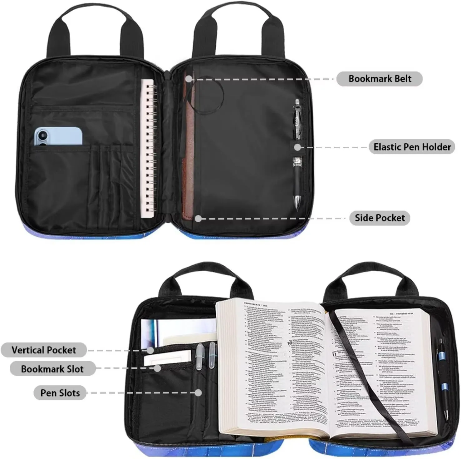 Large Bible Cover-Polyester Bible Cases for Women-Bible Bag Girls Bible Cover with Handle Zippered Pocket Pen Slots