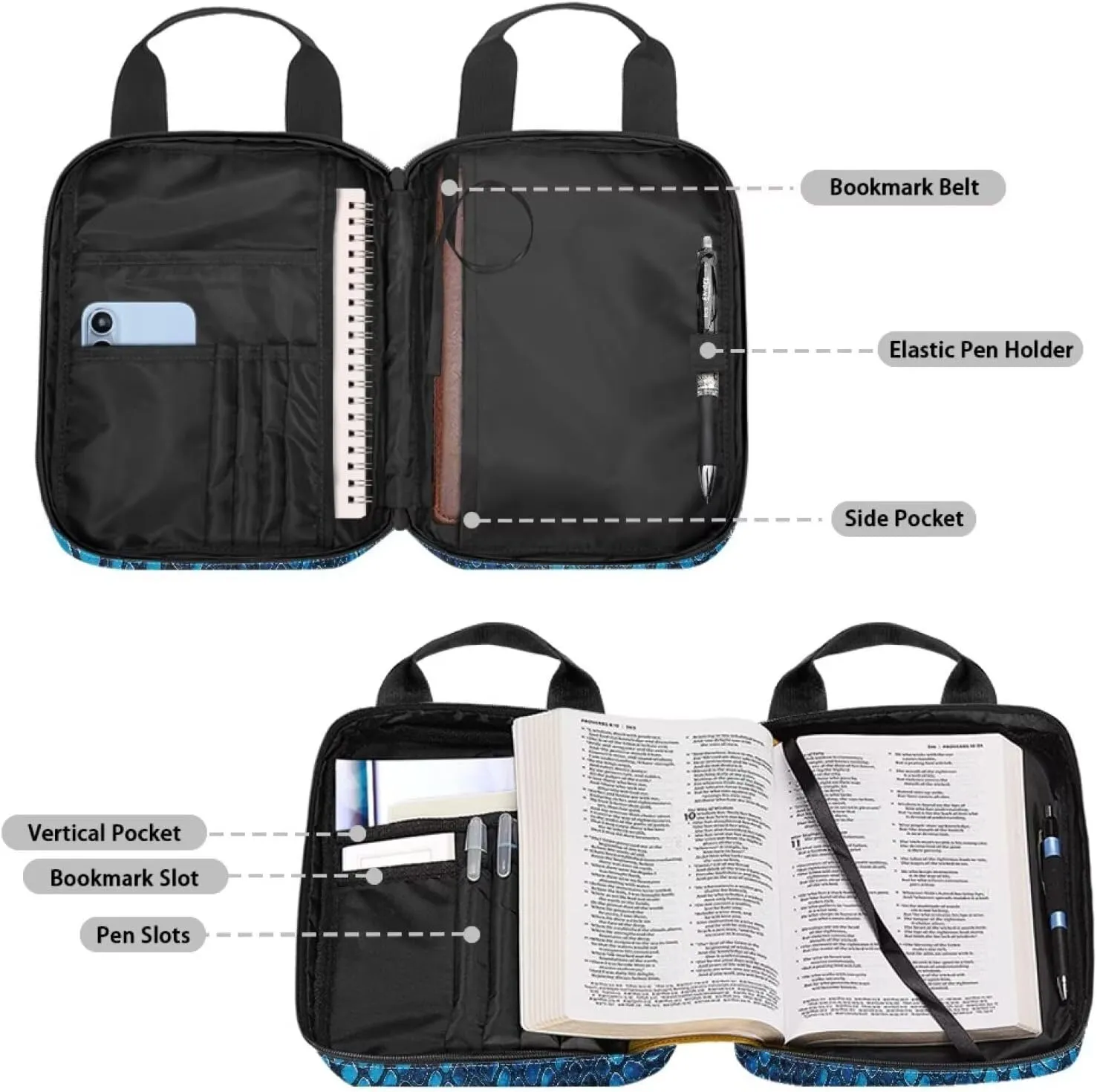 Large Bible Cover-Polyester Bible Cases for Women-Bible Bag Girls Bible Cover with Handle Zippered Pocket Pen Slots