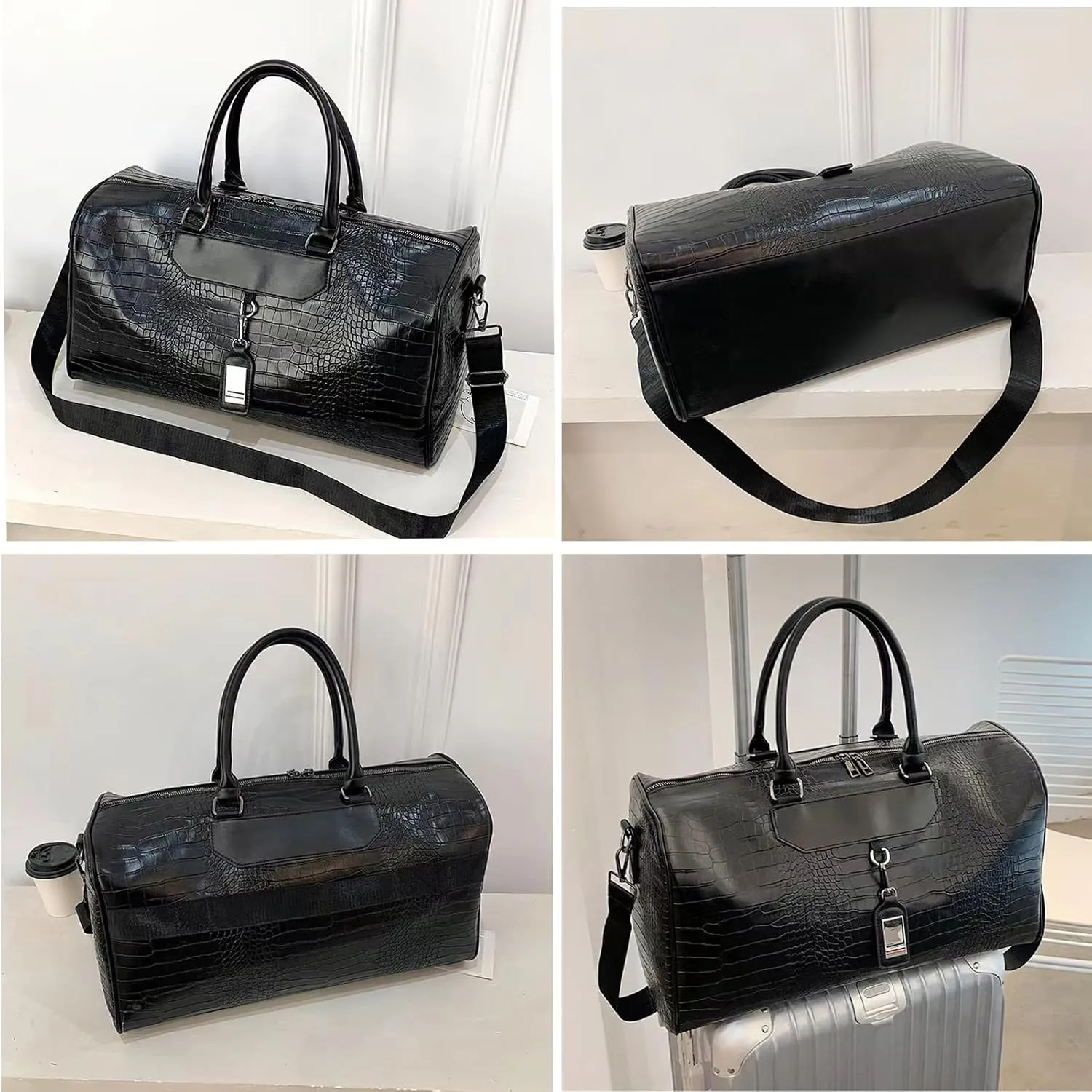 Large capacity Lightweight Weekender Bag Travel Duffel Bag for Women Men Overnight with Toiletry Bag Traveling Handbag for Gym Holiday (Black alligator)