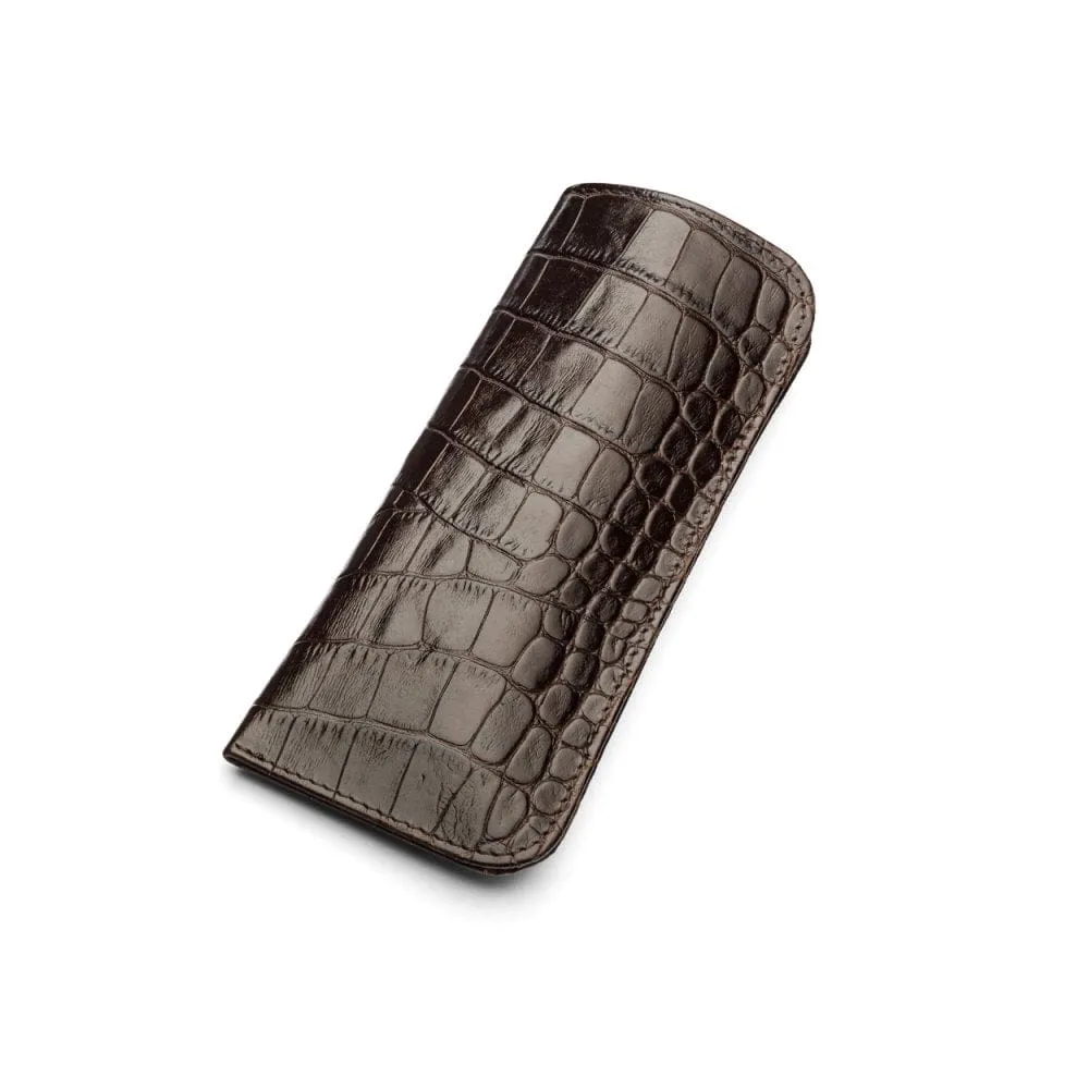 Large Leather Glasses Case - Brown Croc-Effect
