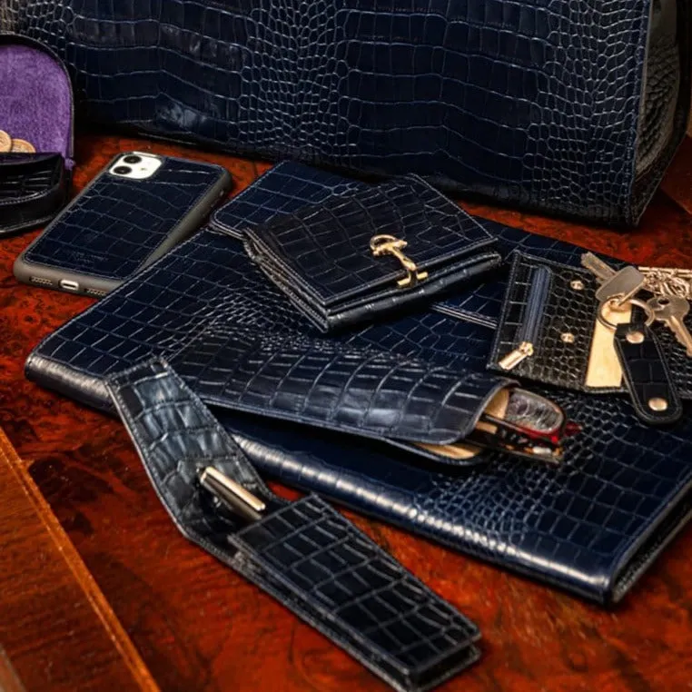 Large Leather Glasses Case - Navy Croc-Effect