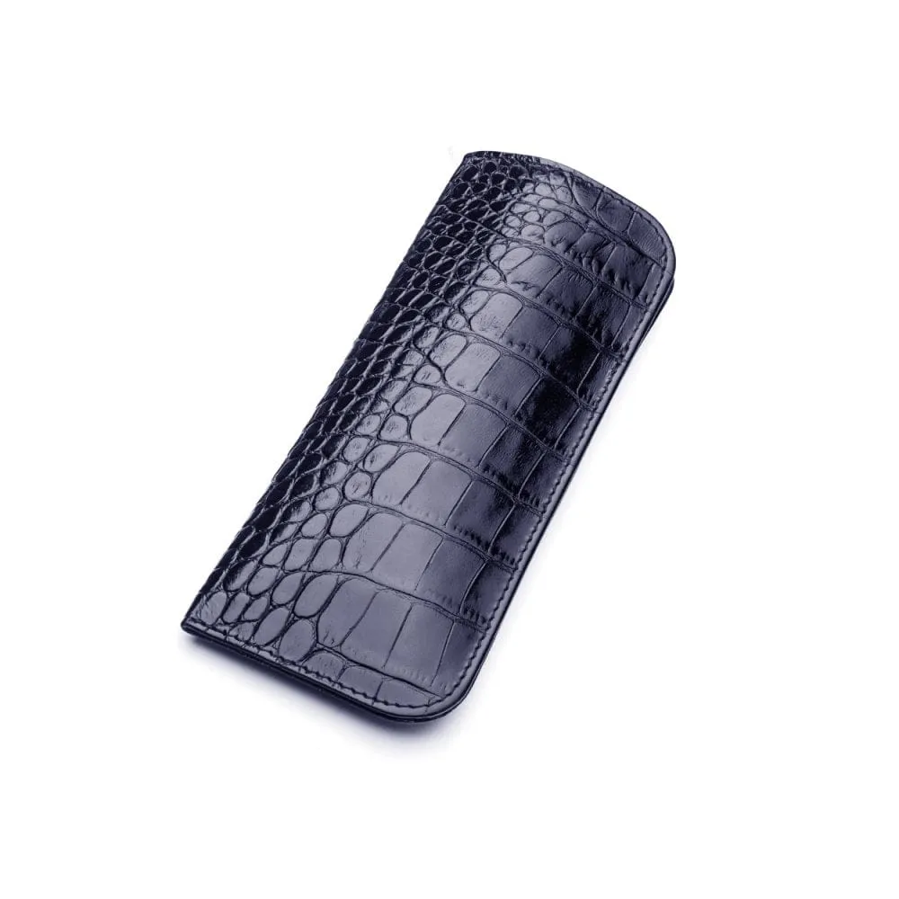 Large Leather Glasses Case - Navy Croc-Effect