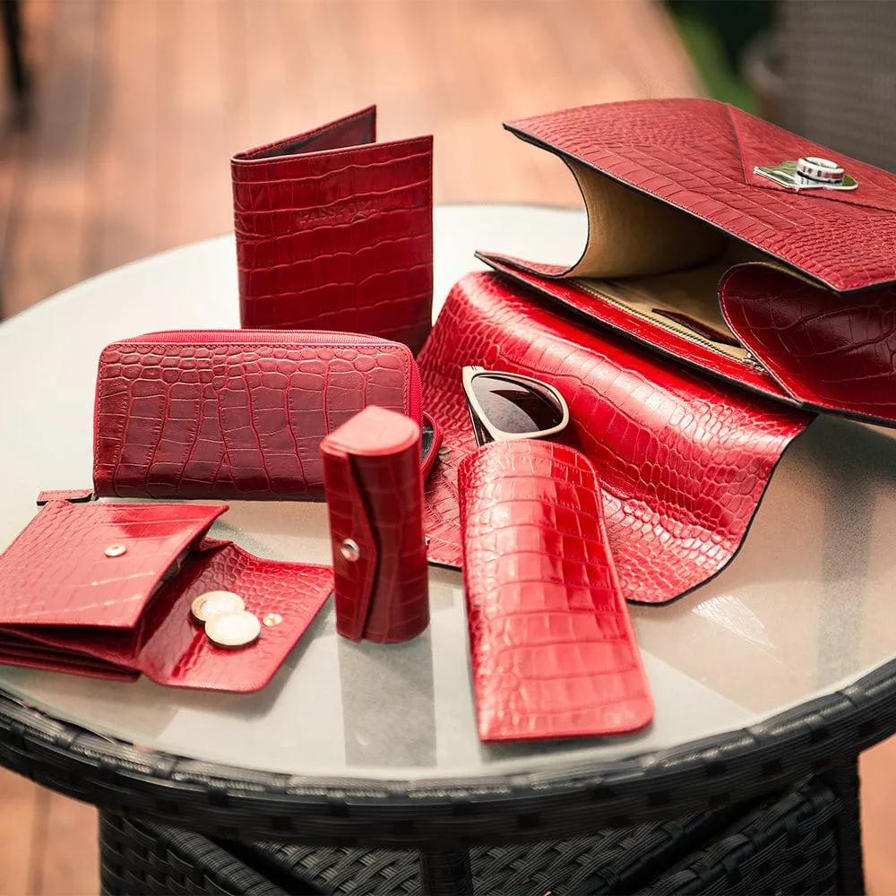 Large Leather Glasses Case - Red Croc-Effect