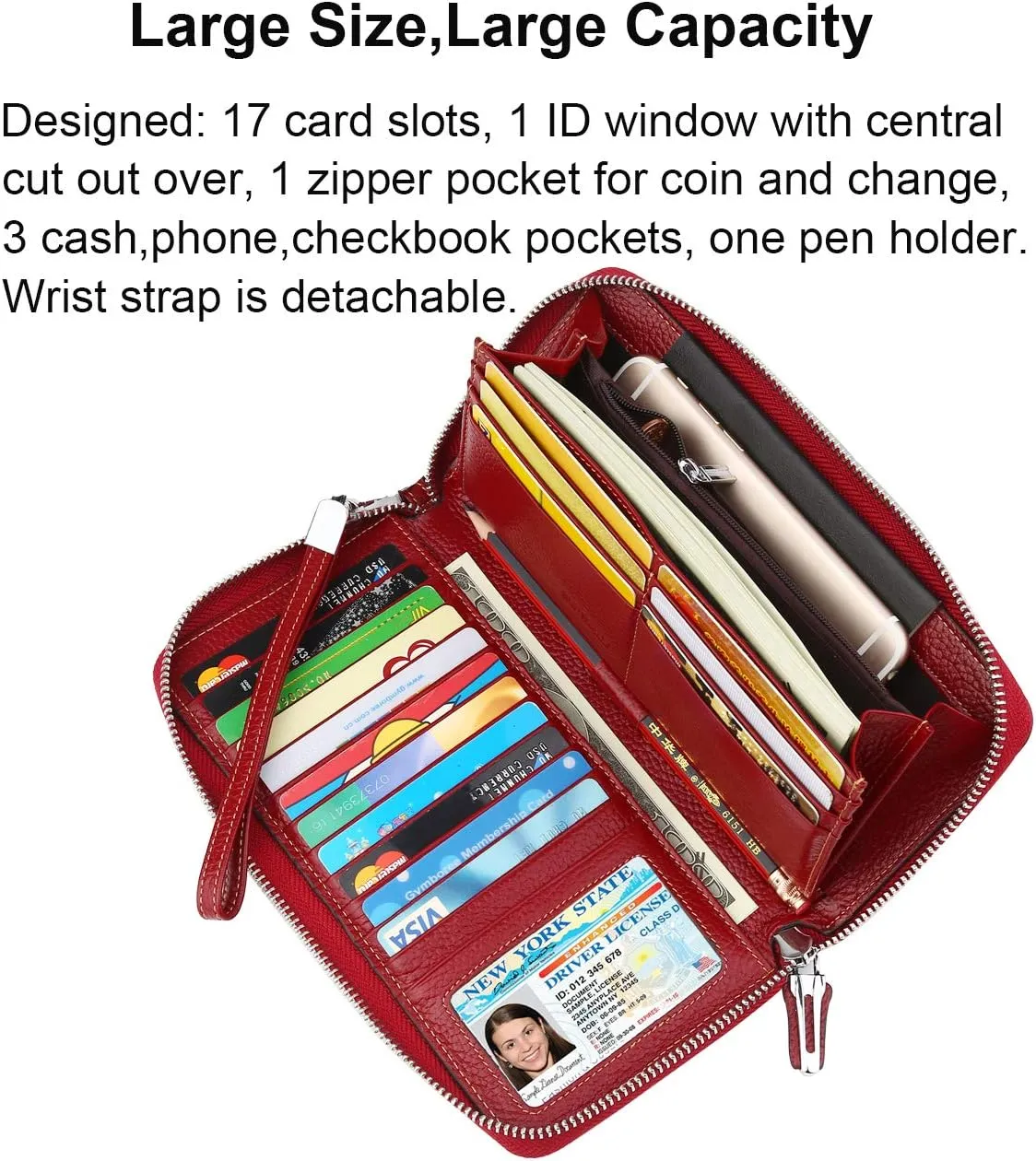 Lavemi Women's RFID Blocking 100% Leather Large Capacity Zip Around Wallet Phone Holder Clutch Travel Purse Wristlet