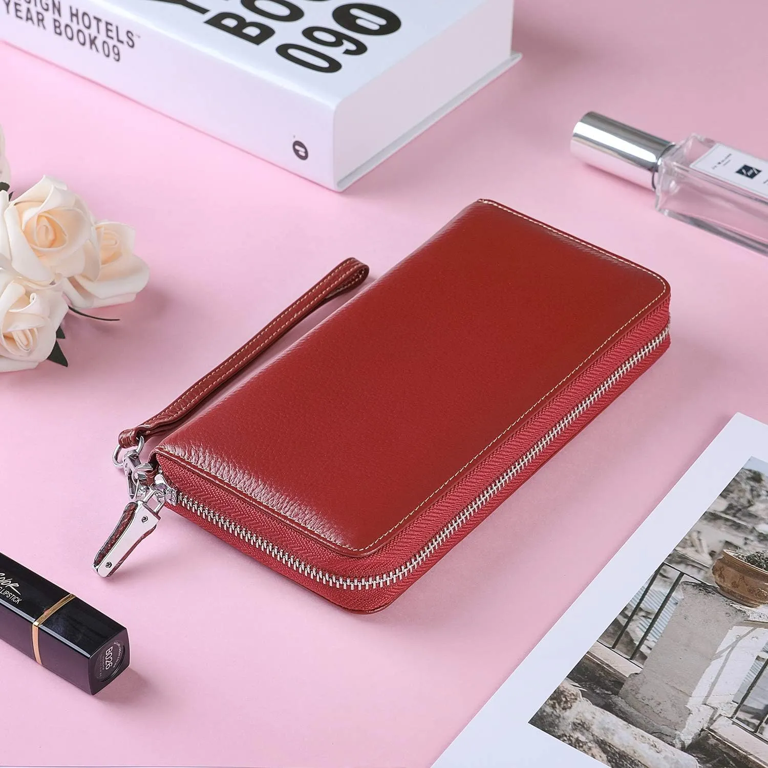 Lavemi Women's RFID Blocking 100% Leather Large Capacity Zip Around Wallet Phone Holder Clutch Travel Purse Wristlet