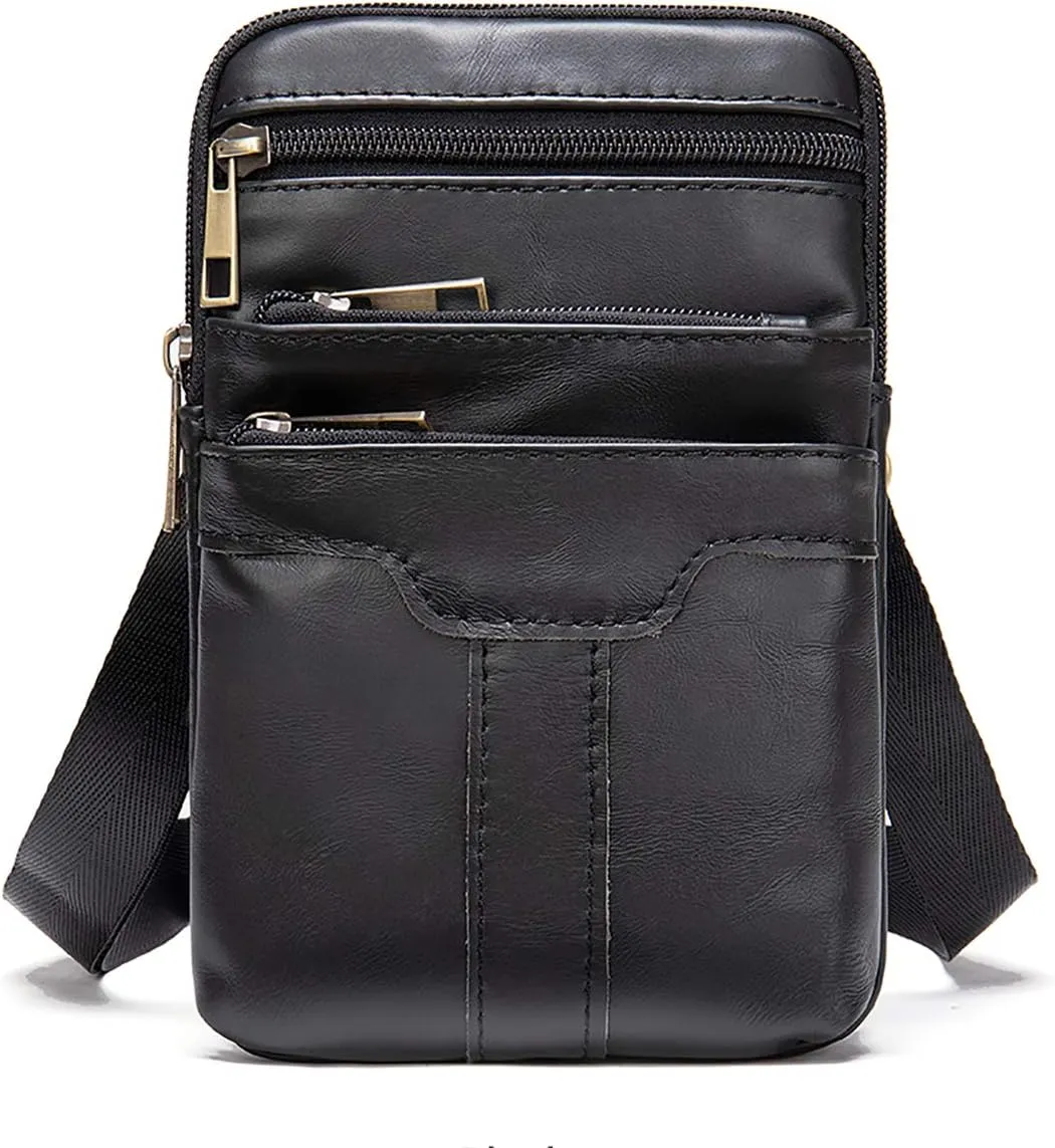 Leather Cell Phone Shoulder Bag Mens, Cell Phone Waist Bag Leather, Small PU Leather Shoulder Messenger Pouch Travel Crossbody Pack Belt Clip Holster Wallet Chest Bag for Cell Phone/Mini Tablet