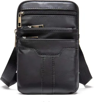 Leather Cell Phone Shoulder Bag Mens, Cell Phone Waist Bag Leather, Small PU Leather Shoulder Messenger Pouch Travel Crossbody Pack Belt Clip Holster Wallet Chest Bag for Cell Phone/Mini Tablet