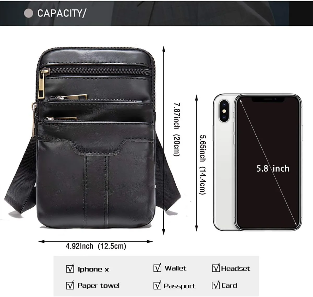 Leather Cell Phone Shoulder Bag Mens, Cell Phone Waist Bag Leather, Small PU Leather Shoulder Messenger Pouch Travel Crossbody Pack Belt Clip Holster Wallet Chest Bag for Cell Phone/Mini Tablet
