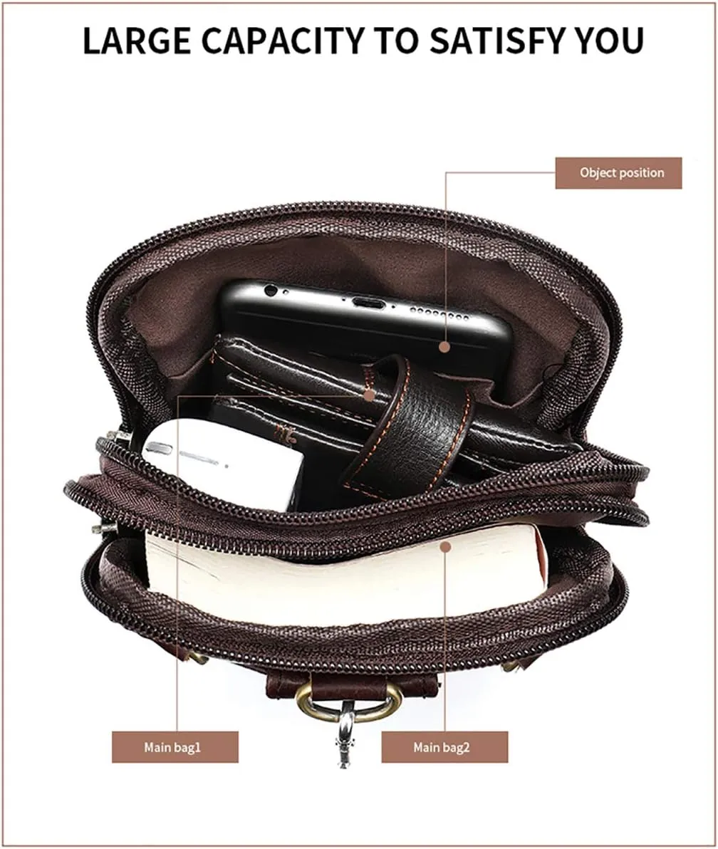 Leather Cell Phone Shoulder Bag Mens, Cell Phone Waist Bag Leather, Small PU Leather Shoulder Messenger Pouch Travel Crossbody Pack Belt Clip Holster Wallet Chest Bag for Cell Phone/Mini Tablet
