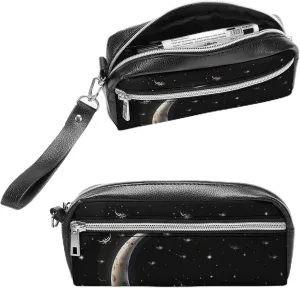 Leather Pencil Cases Crescent Moon on Black Background Pen Pouch Travel Cosmetic Bag for Purse Portable Makeup Brush Bag Holder Coin Purse for Women Makeup Case Organizer