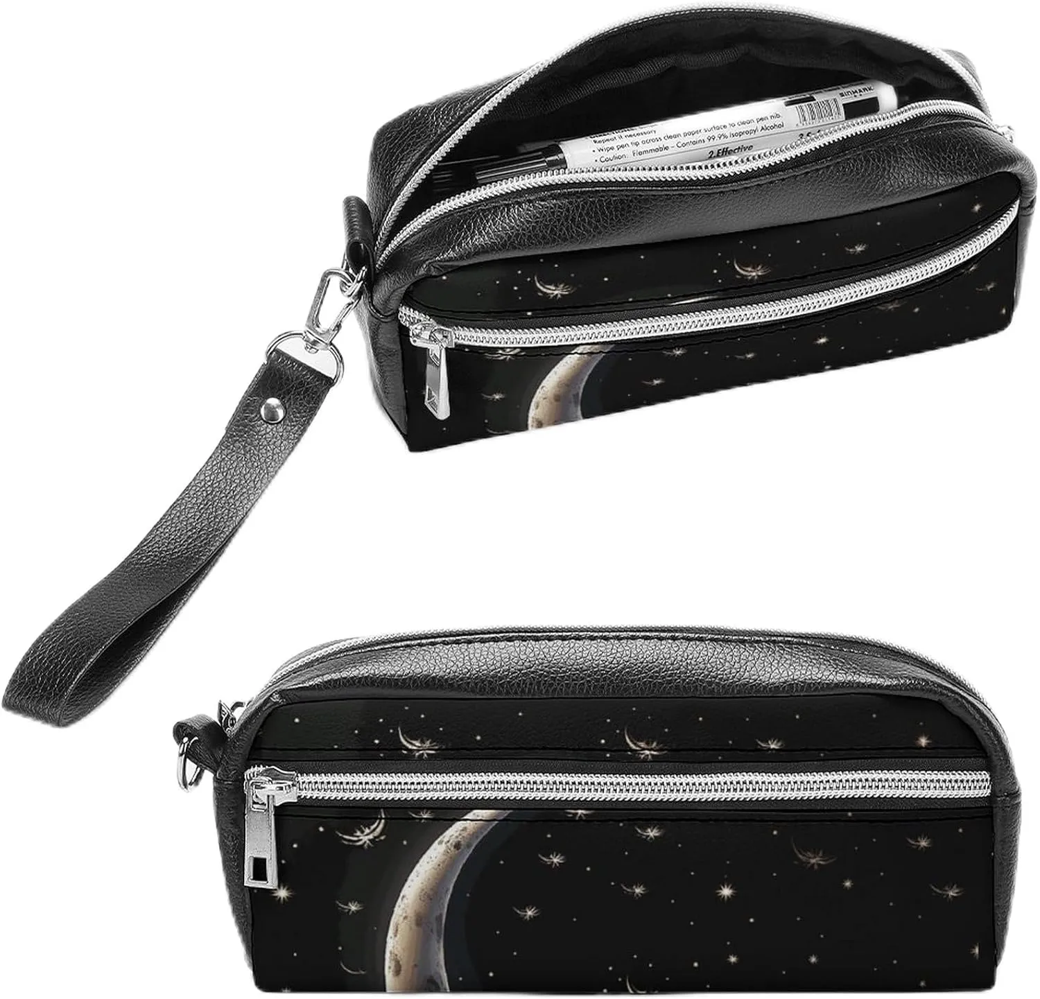 Leather Pencil Cases Crescent Moon on Black Background Pen Pouch Travel Cosmetic Bag for Purse Portable Makeup Brush Bag Holder Coin Purse for Women Makeup Case Organizer