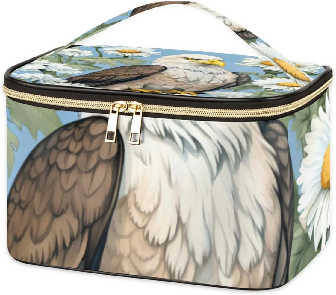 Leather Travel Makeup Bag Large Portable Cosmetic Organizer Bags for Women Cute Skincare Toiletry Case Big Makeup Brush Pouch Birds Falcon Daisy