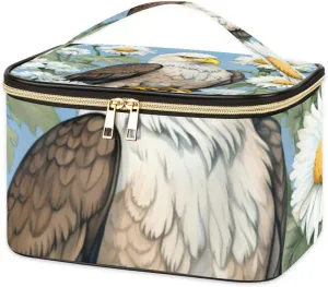 Leather Travel Makeup Bag Large Portable Cosmetic Organizer Bags for Women Cute Skincare Toiletry Case Big Makeup Brush Pouch Birds Falcon Daisy