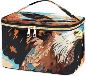 Leather Travel Makeup Bag Large Portable Cosmetic Organizer Bags for Women Cute Skincare Toiletry Case Big Makeup Brush Pouch Birds Falcon Graffiti