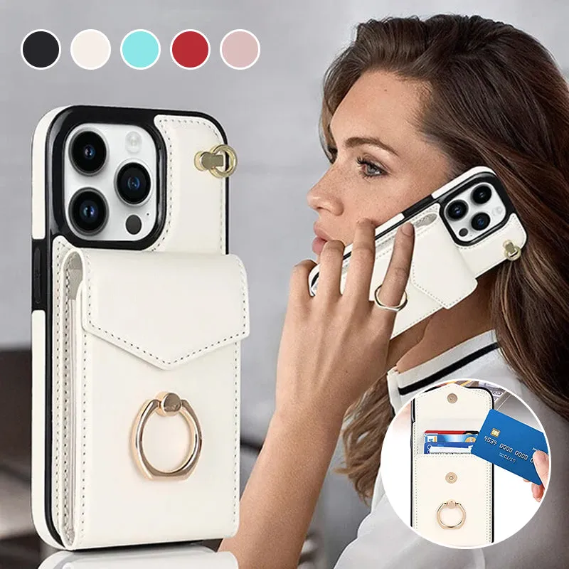 Leather Wallet Case with Ring & Lanyard For iPhone