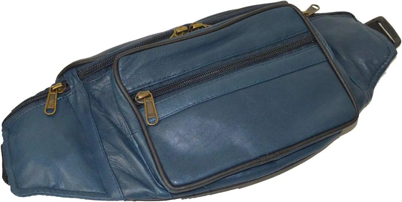 Leatherboss Genuine Leather Travel Fanny Pack Waist Belt Bag Pouch for men women, Blue
