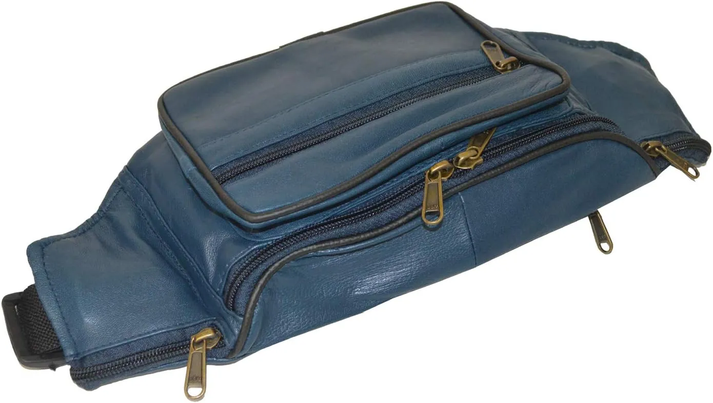 Leatherboss Genuine Leather Travel Fanny Pack Waist Belt Bag Pouch for men women, Blue