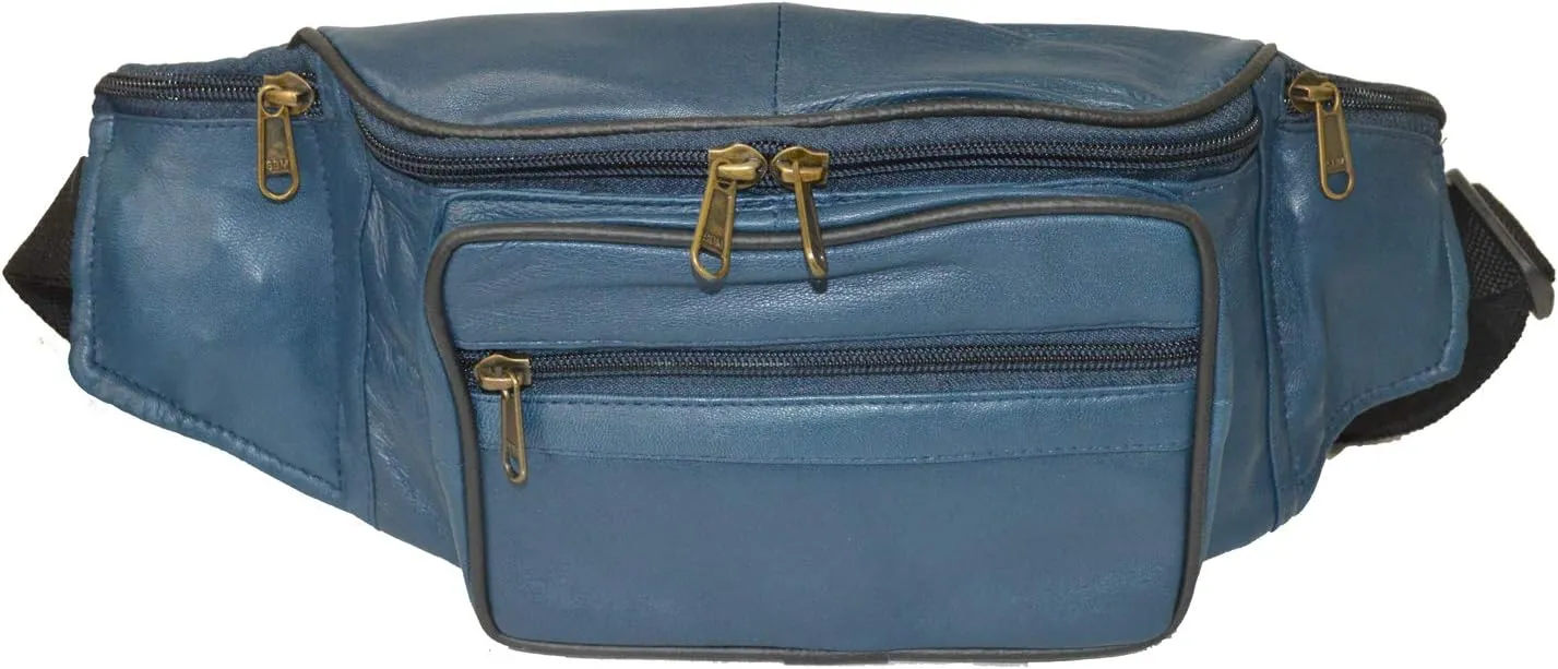 Leatherboss Genuine Leather Travel Fanny Pack Waist Belt Bag Pouch for men women, Blue