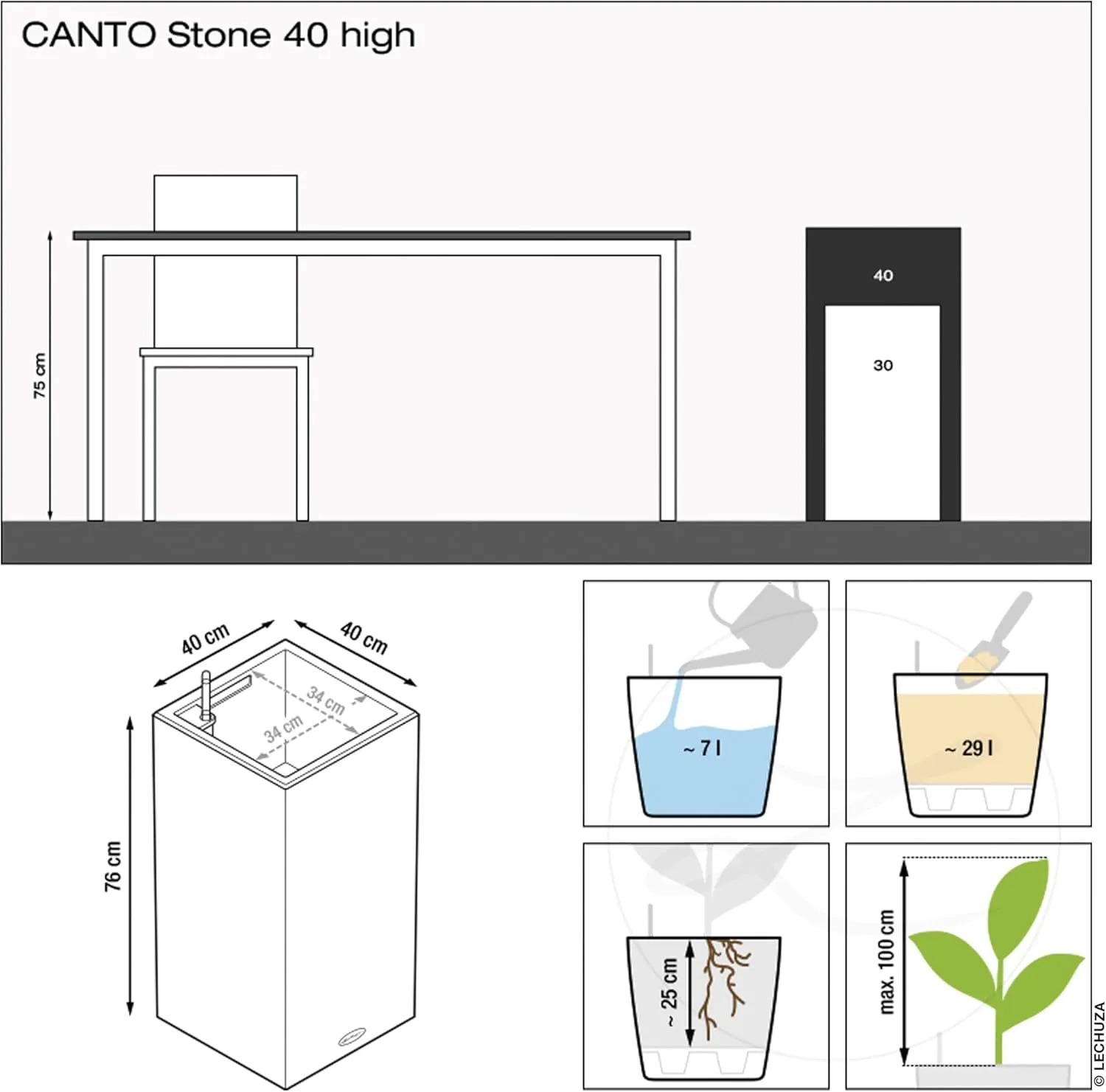 Lechuza Canto Stone 40 High Self Watering Planter Large Garden Flower Plant Pot Indoor/Outdoor Floor Planter with Drainage Hole and Plant Substrate Poly Resin H70 L40 W40 cm Sand Beige