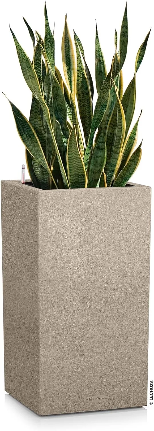 Lechuza Canto Stone 40 High Self Watering Planter Large Garden Flower Plant Pot Indoor/Outdoor Floor Planter with Drainage Hole and Plant Substrate Poly Resin H70 L40 W40 cm Sand Beige