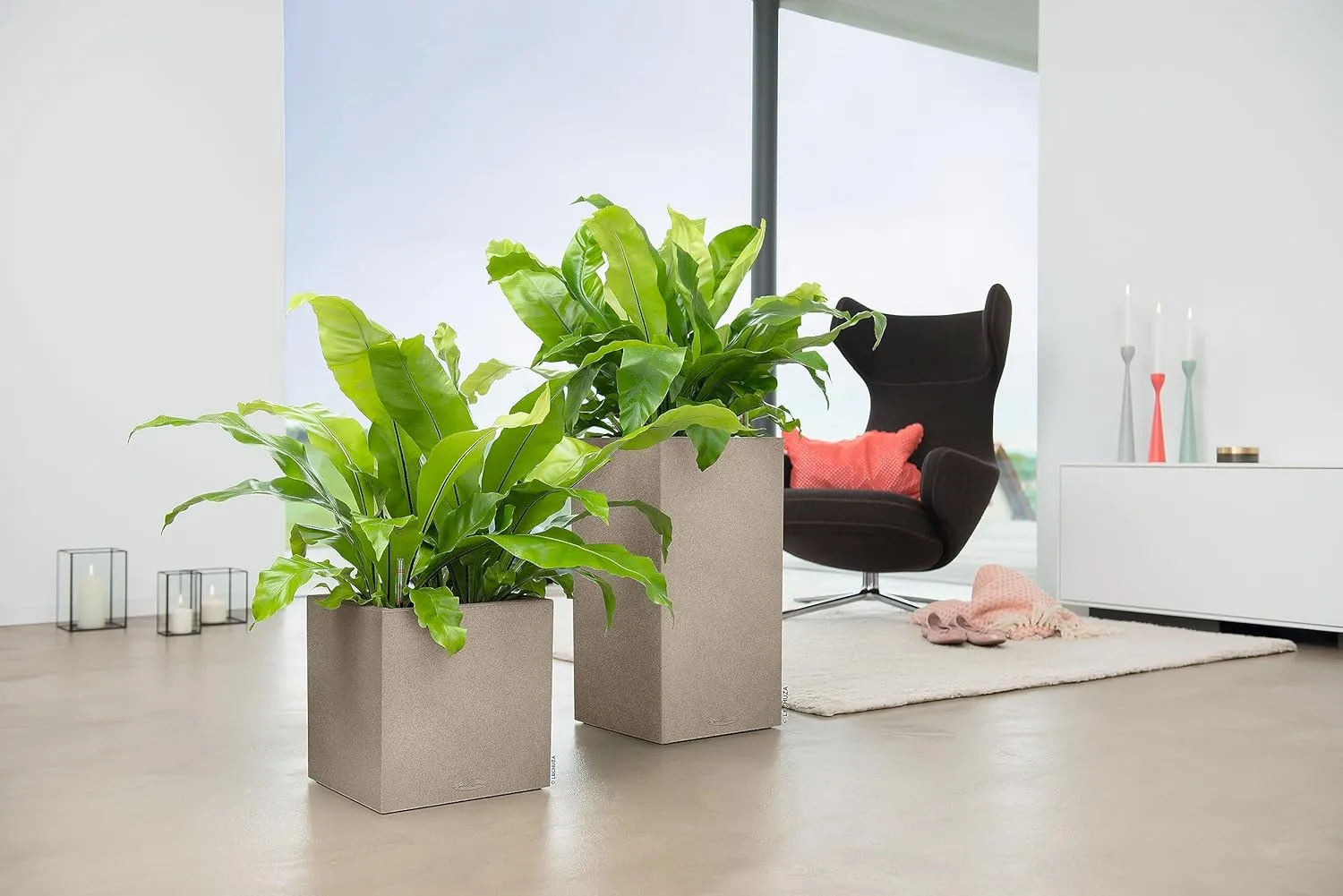 Lechuza Canto Stone 40 High Self Watering Planter Large Garden Flower Plant Pot Indoor/Outdoor Floor Planter with Drainage Hole and Plant Substrate Poly Resin H70 L40 W40 cm Sand Beige