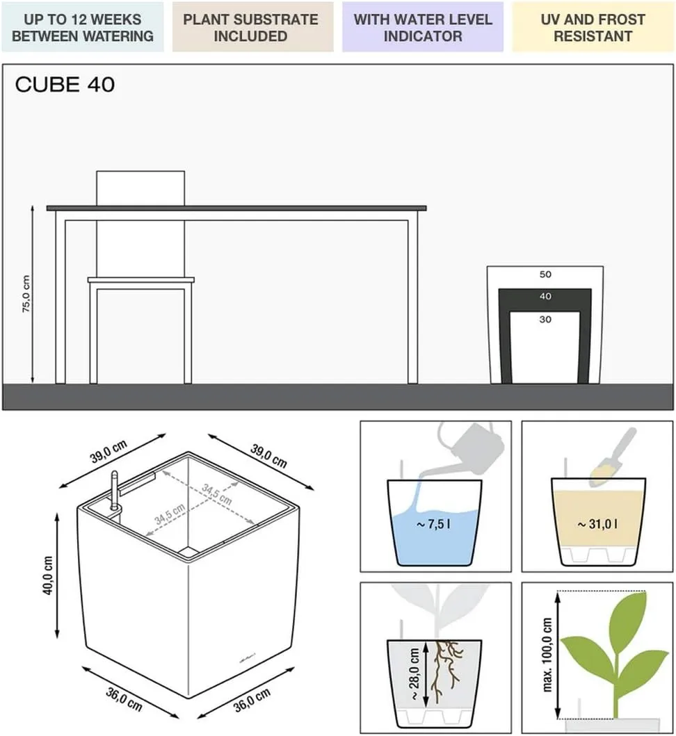 Lechuza Cube 40 Medium Flower Indoor/Outdoor Garden Floor Self-Watering Planter with Drainage Hole with Plant Substrate Contemporary Poly-Resin D40 H40 L40 W40 cm Red 3.37 Kg