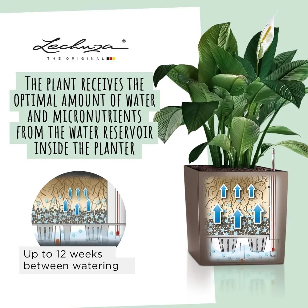 Lechuza Cube 40 Medium Flower Indoor/Outdoor Garden Floor Self-Watering Planter with Drainage Hole with Plant Substrate Contemporary Poly-Resin D40 H40 L40 W40 cm White 3.37 Kg