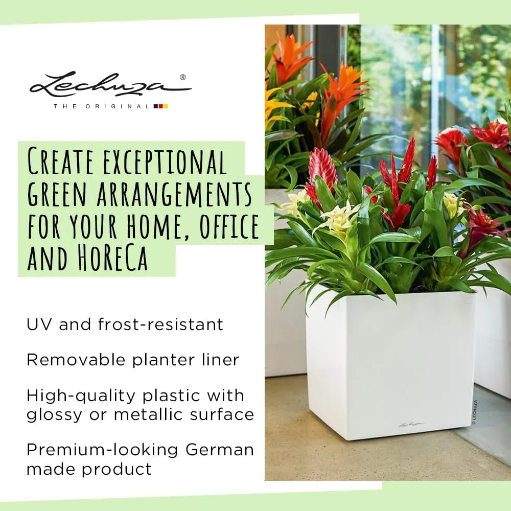 Lechuza Cube 40 Medium Flower Indoor/Outdoor Garden Floor Self-Watering Planter with Drainage Hole with Plant Substrate Contemporary Poly-Resin D40 H40 L40 W40 cm White 3.37 Kg