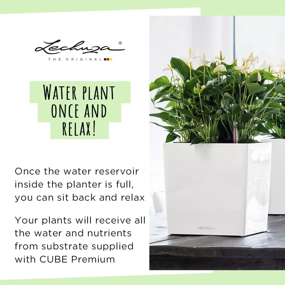 Lechuza Cube 40 Medium Flower Indoor/Outdoor Garden Floor Self-Watering Planter with Drainage Hole with Plant Substrate Contemporary Poly-Resin D40 H40 L40 W40 cm White 3.37 Kg