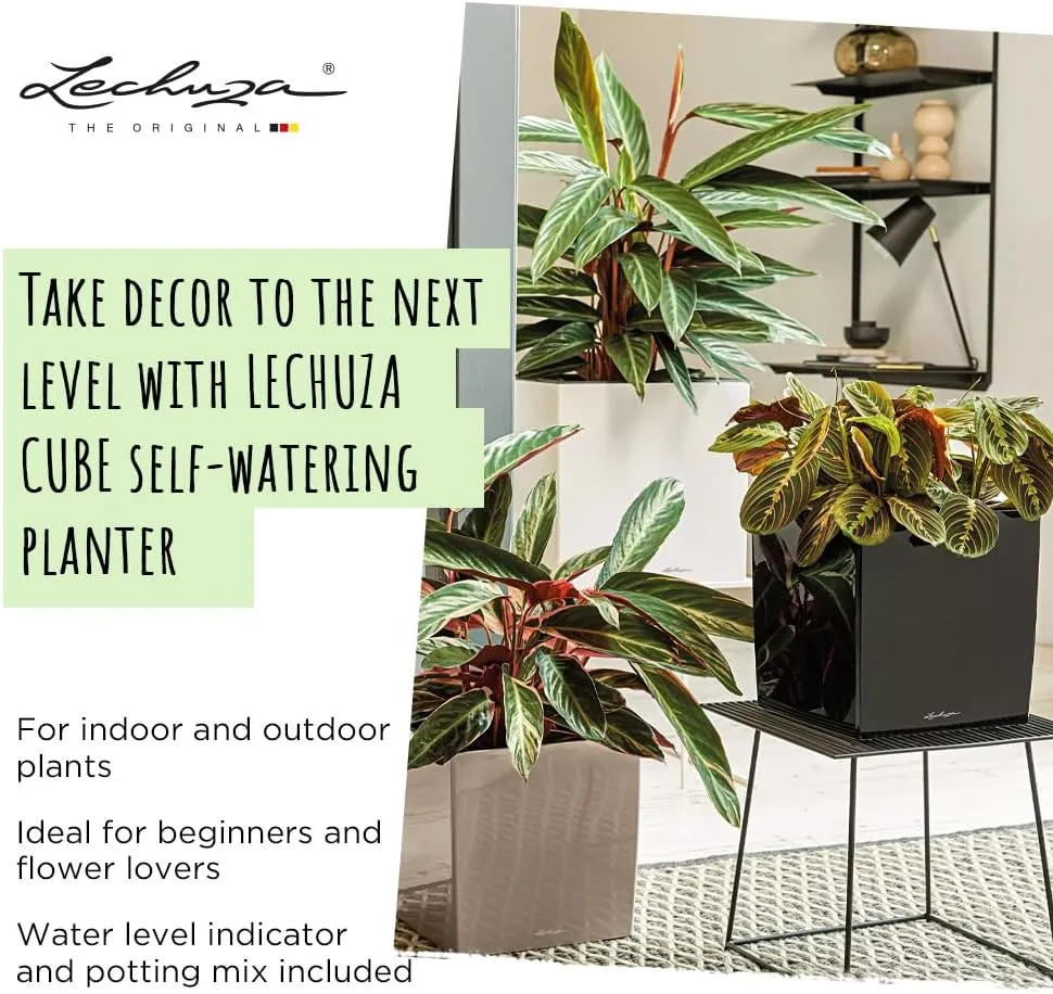 Lechuza Cube 40 Medium Flower Indoor/Outdoor Garden Floor Self-Watering Planter with Drainage Hole with Plant Substrate Contemporary Poly-Resin D40 H40 L40 W40 cm White 3.37 Kg