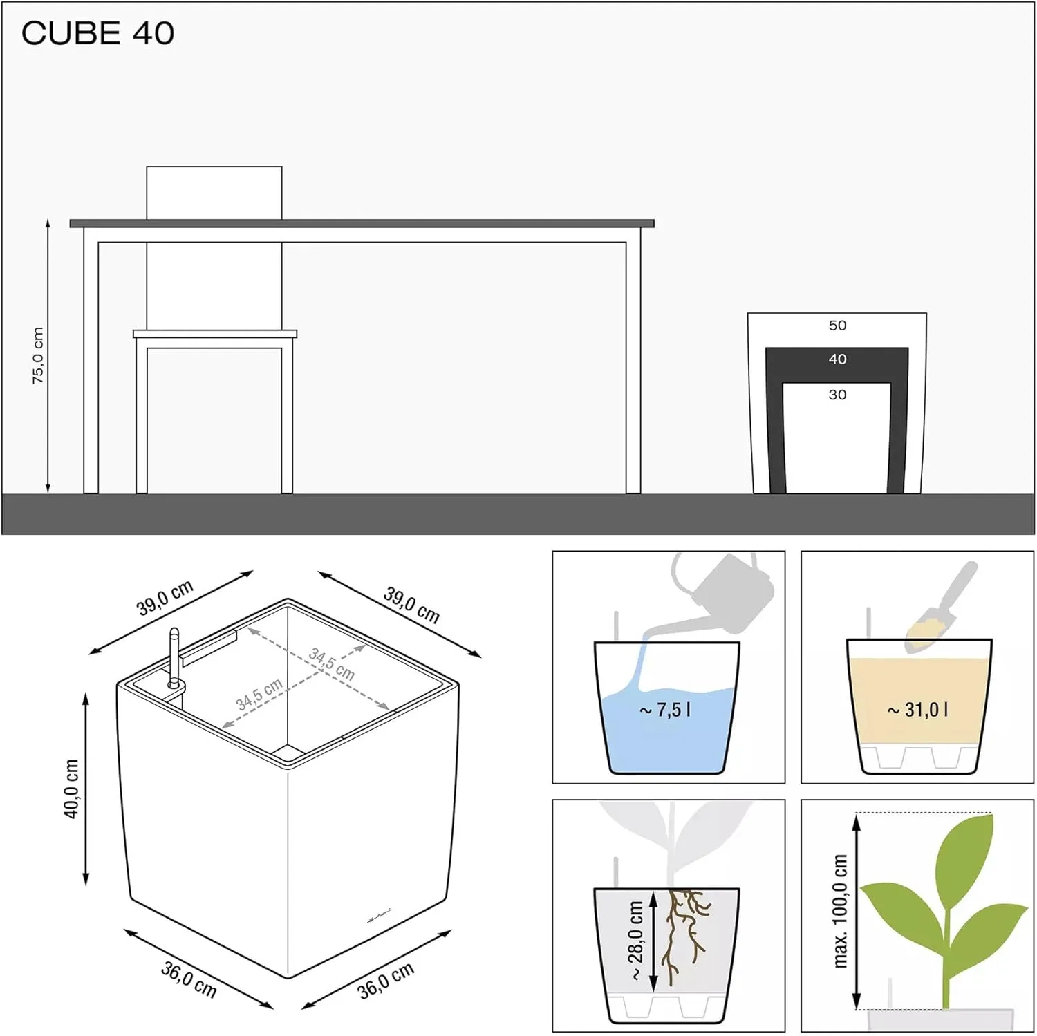 Lechuza Cube 40 Medium Flower Indoor/Outdoor Garden Floor Self-Watering Planter with Drainage Hole with Plant Substrate Contemporary Poly-Resin D40 H40 L40 W40 cm White 3.37 Kg