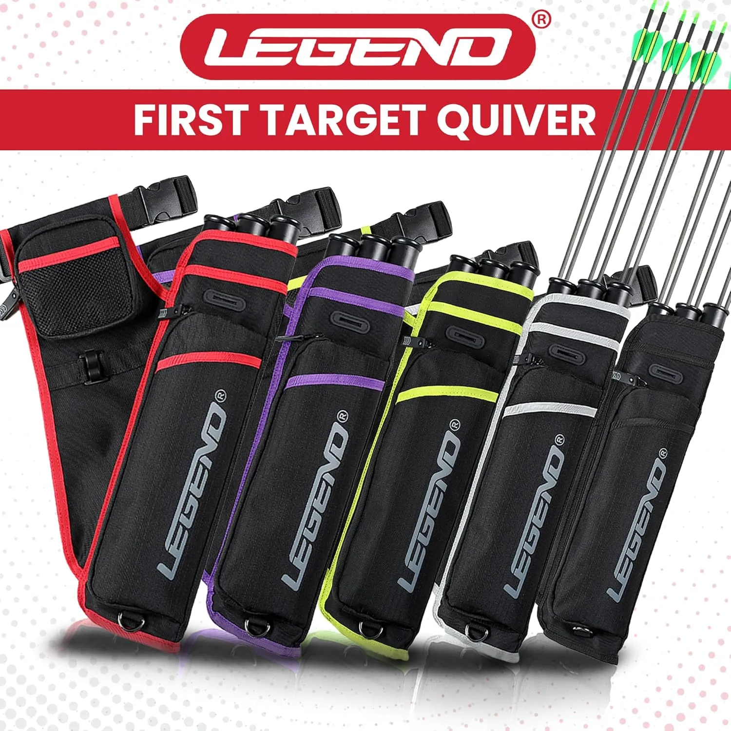 LEGEND First Archery Quiver Case for Arrows - Target Shooting Hip Quivers with Adjustable Belt & 3 Arrow Tubes - Durable Nylon Material with T-Slot & Storage Pockets for Accessories, Tools, Score Card