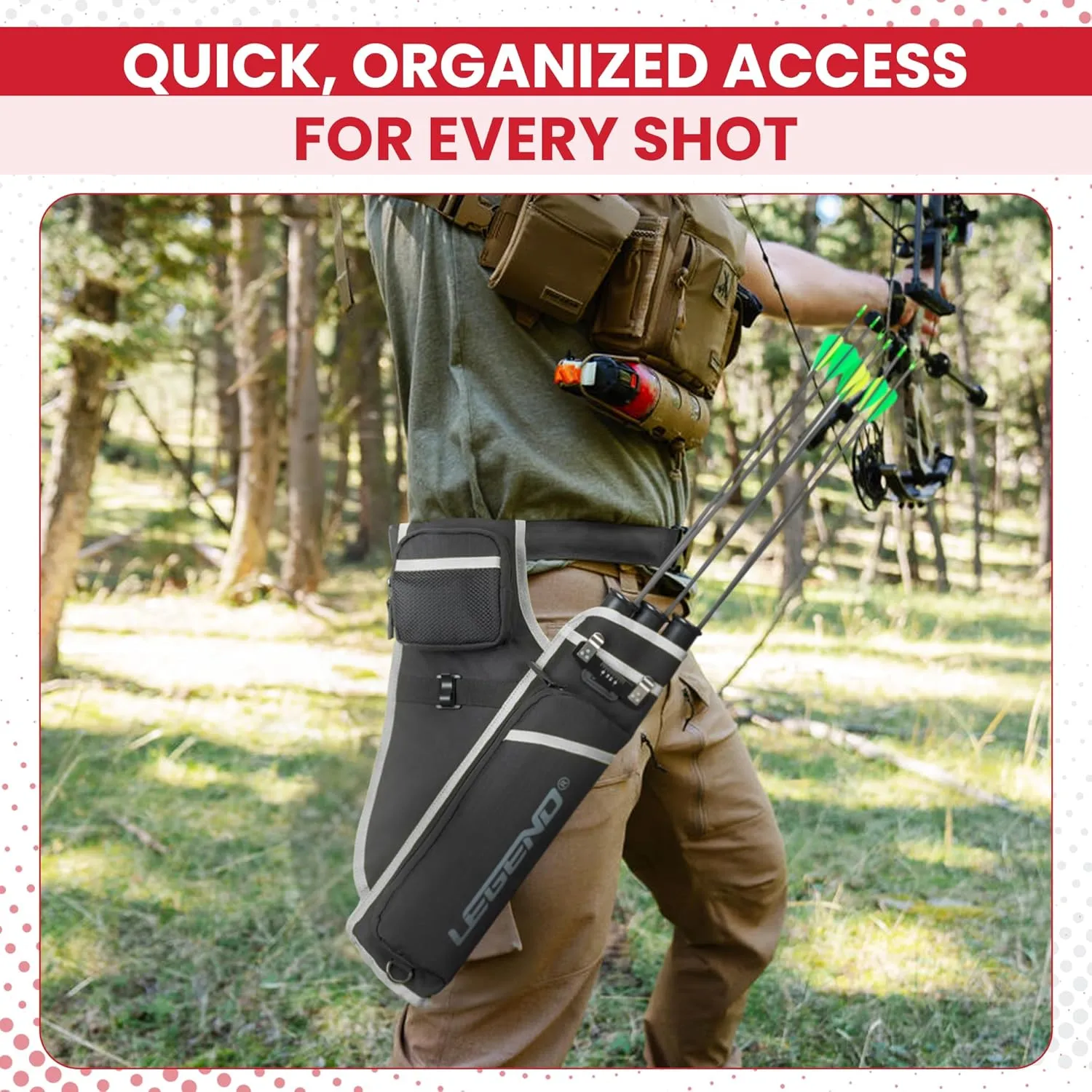LEGEND First Archery Quiver Case for Arrows - Target Shooting Hip Quivers with Adjustable Belt & 3 Arrow Tubes - Durable Nylon Material with T-Slot & Storage Pockets for Accessories, Tools, Score Card