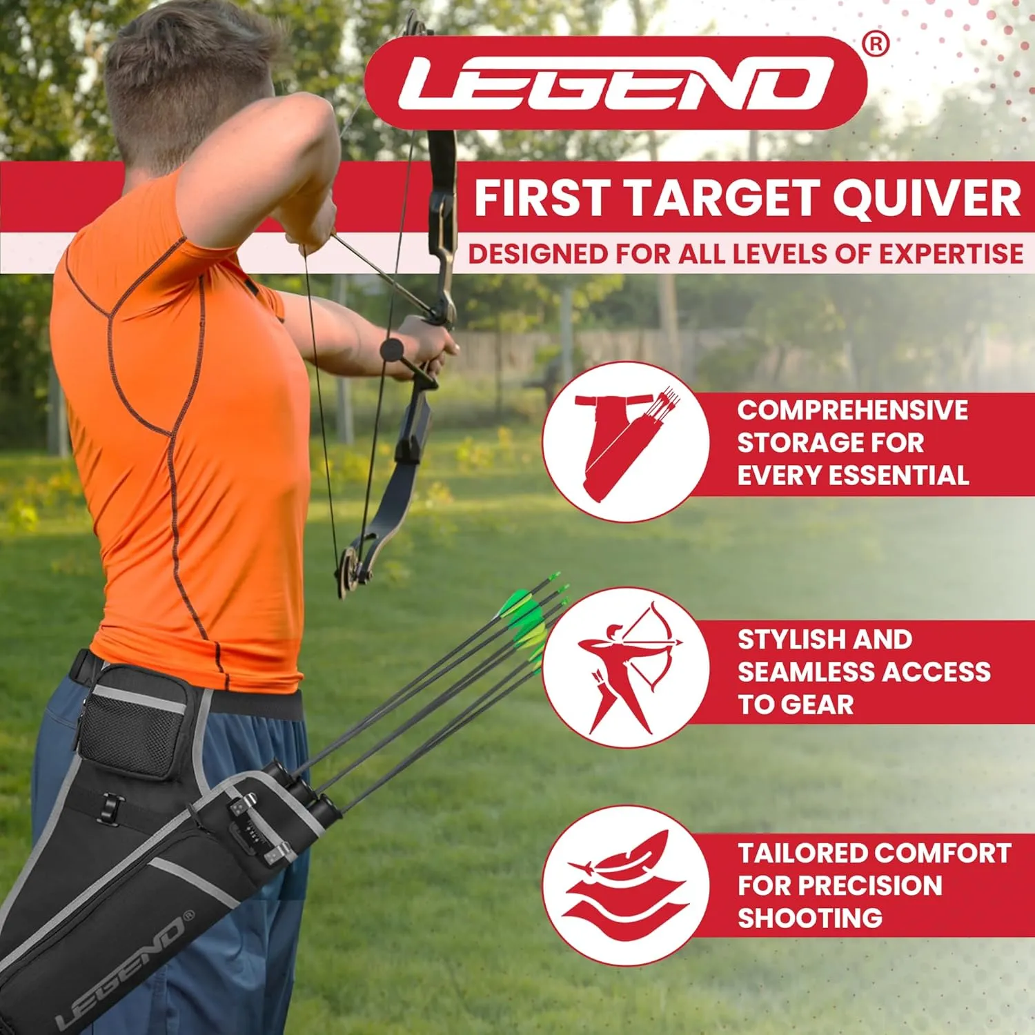 LEGEND First Archery Quiver Case for Arrows - Target Shooting Hip Quivers with Adjustable Belt & 3 Arrow Tubes - Durable Nylon Material with T-Slot & Storage Pockets for Accessories, Tools, Score Card